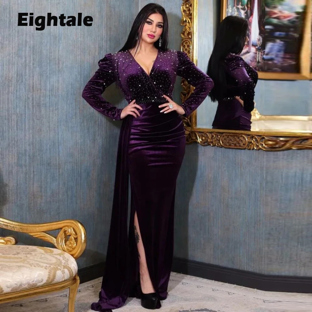 Eightale Velvet Evening Dress for Wedding Party V-Neck Beaded Plus Size Mermaid vestidos otoño invierno Long Sleeves Prom Gowns