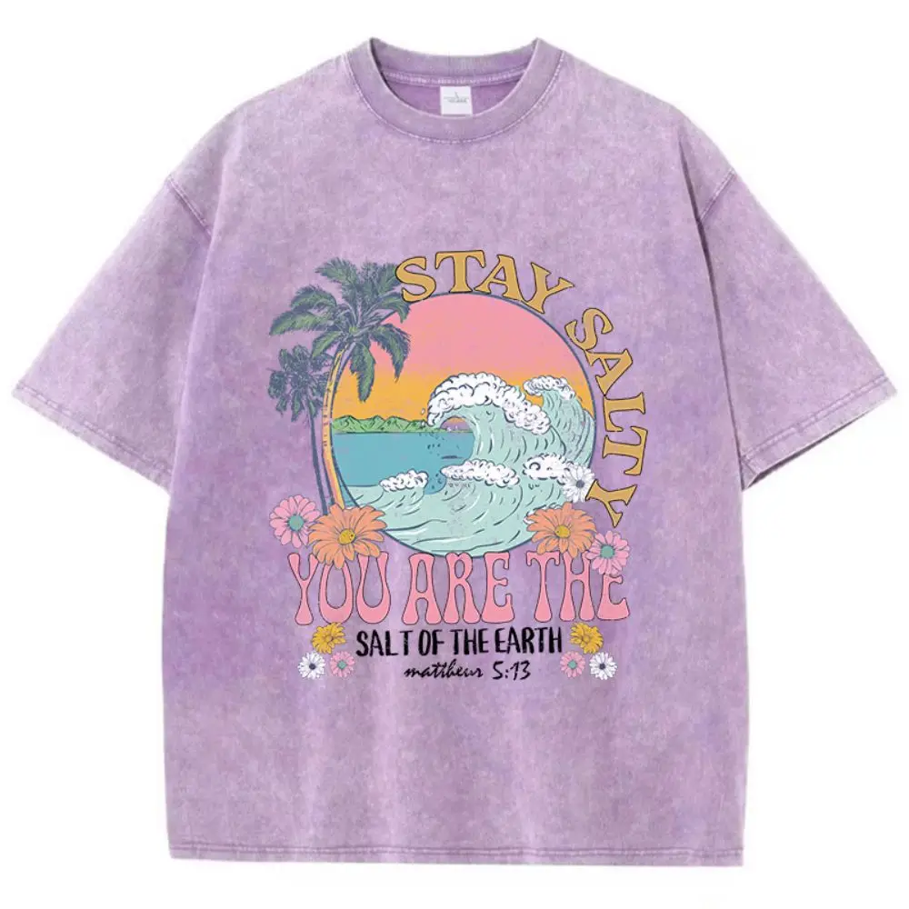 Verão mulher algodão lavado camisetas ficar salgado você é o sal da terra impresso topos solto o-pescoço roupas femininas vintage