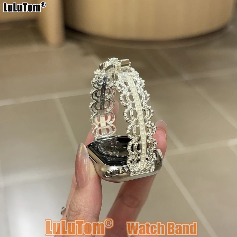 

Ювелирный ремешок с жемчугом для Apple Watch 38 40 41 42 44 45 46 49 мм Band Iwatch Series 10 9 8 7 6 5 4 3 SE Ultra Lace Hollow Bracelet
