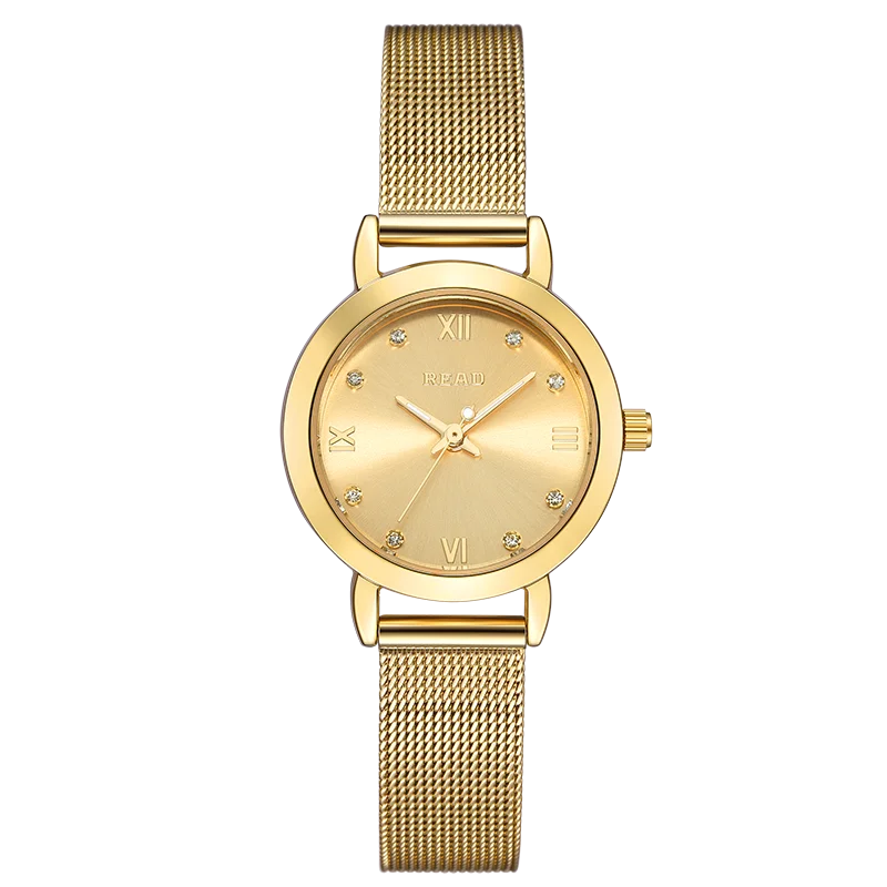 READ Women Simple Roman Numeral Quartz Wrist Watch | Gold Stainless Steel Mesh Band | 30M Water Resistant Analog Ladies Watch