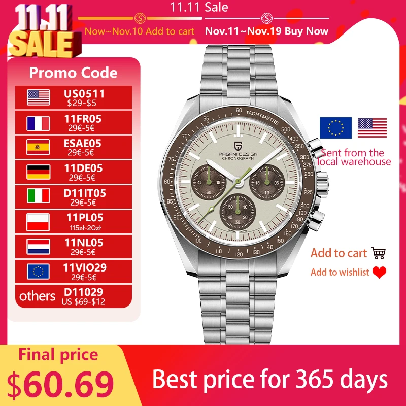 PAGANI DESIGN 2025 New Saturn Men's Watches Top Luxury Quartz Watch Men Light Tan Chronograph AR Sapphire crystal Wristwatch Men