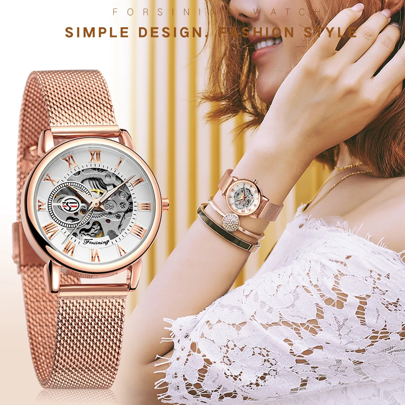 Montre Femme Forsining Women's Watch Rose Gold Stailess Steel Case Skeleton Womens Mechanical Hand Wind Watch Ladies Wrist Watch