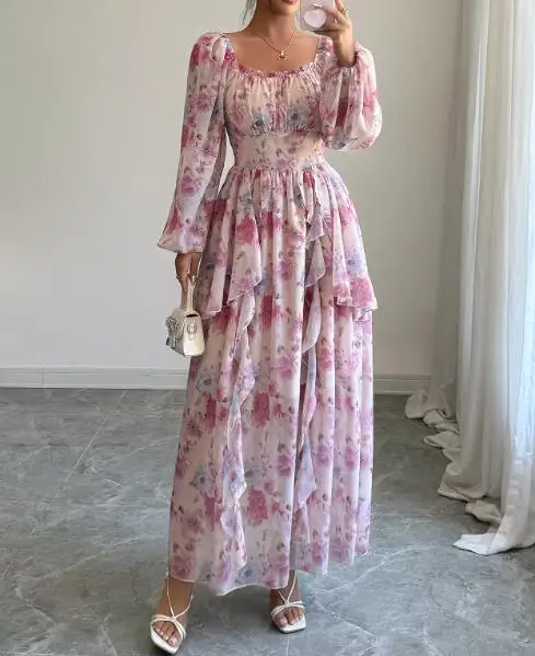 

Womens Dresses 2025 Spring New Elegant Style Floral Print Long Sleeved Square Neck High Waist Casual Vacation Long Dress