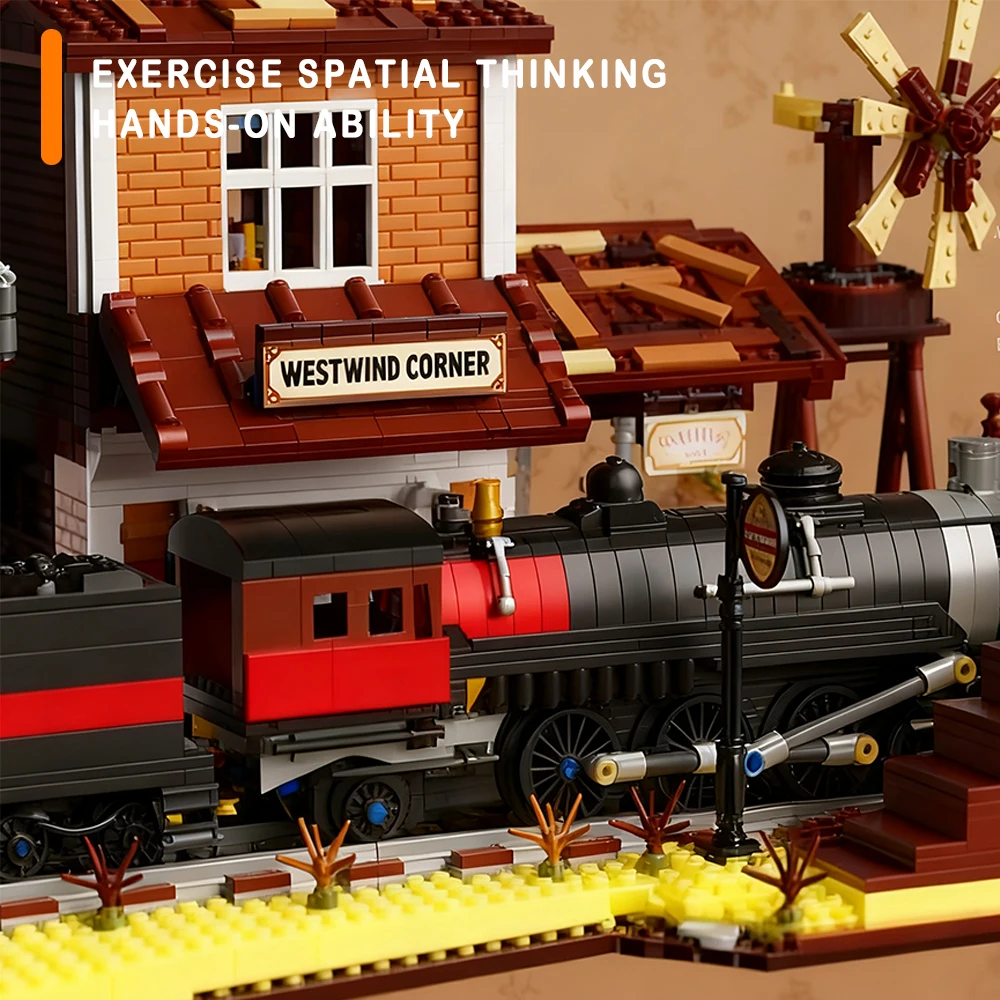 Western Train Station Street View Model Building Blocks City Module Railway Assembly Sets Bricks Toys Christmas Gifts For Kids