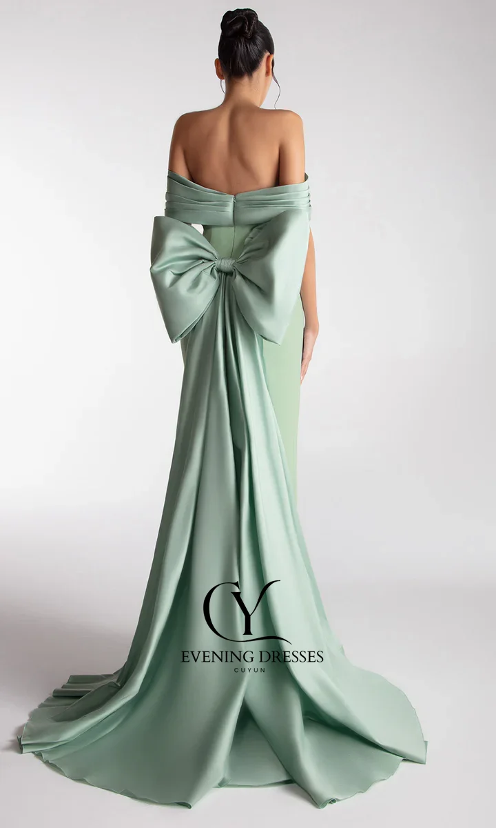 CUYUN オフショルダー ライトグリーン イブニングドレス リボンバック カスタムメイド レディース フォーマル イベントドレス ウェディングパーティードレス ゲスト用