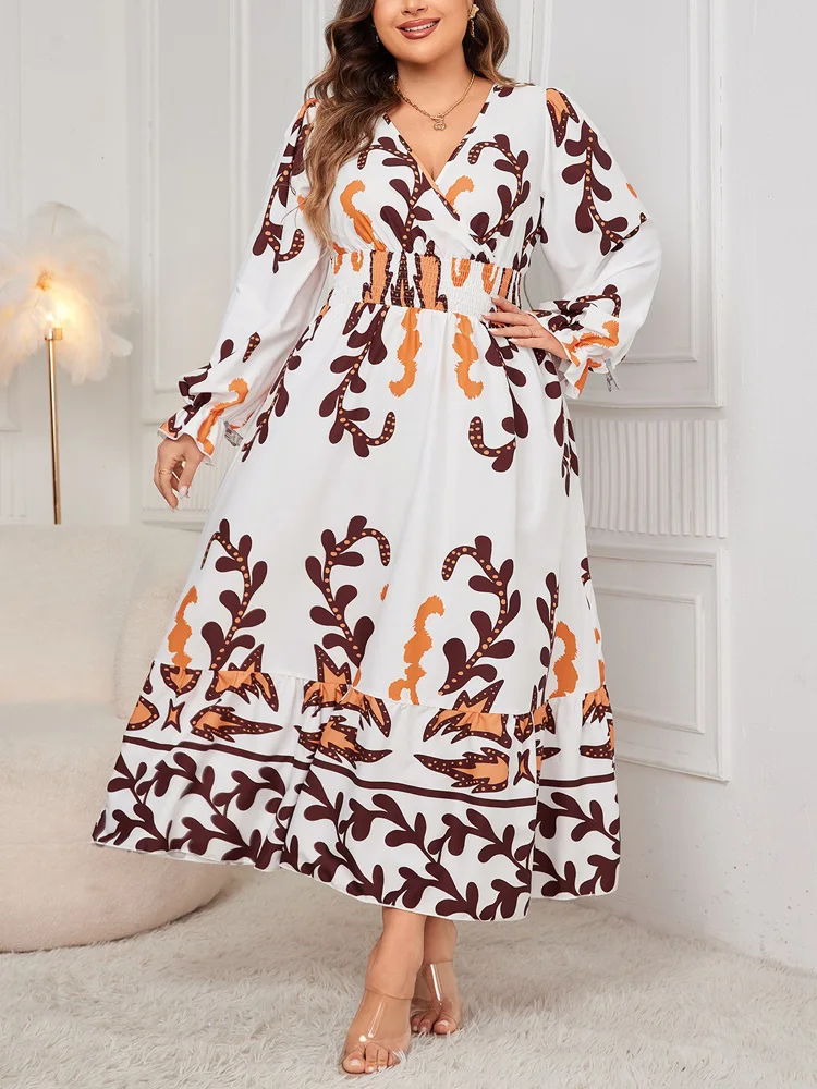 GIBSIE Plus Size Surplice Neck Printed Maxi Dress Women Autumn New High Waist Long Sleeve Ruffle Hem A-Line Dresses 2024