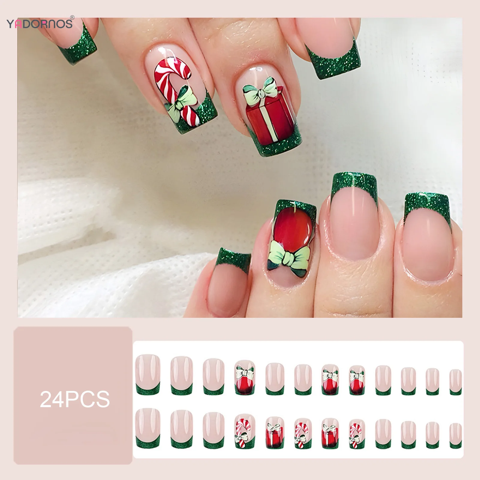 Uñas postizas navideñas para mujeres y niñas, parches de uñas postizas portátiles de estilo francés, verde, con lazo, regalos, 24 piezas