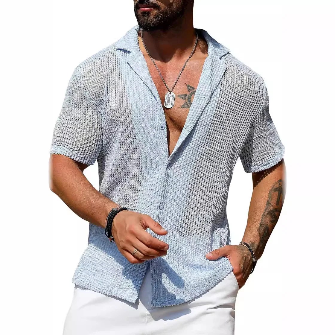 Camisa transparente oca para homens, manga curta lapela, streetwear monocromático, roupas da moda, 2024