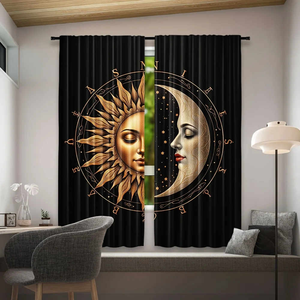Bohemian sun and moon pattern Print Drapes Room Darkening Window Curtains for Home Decor,Rod Pocket Blackout Curtains Bedroom