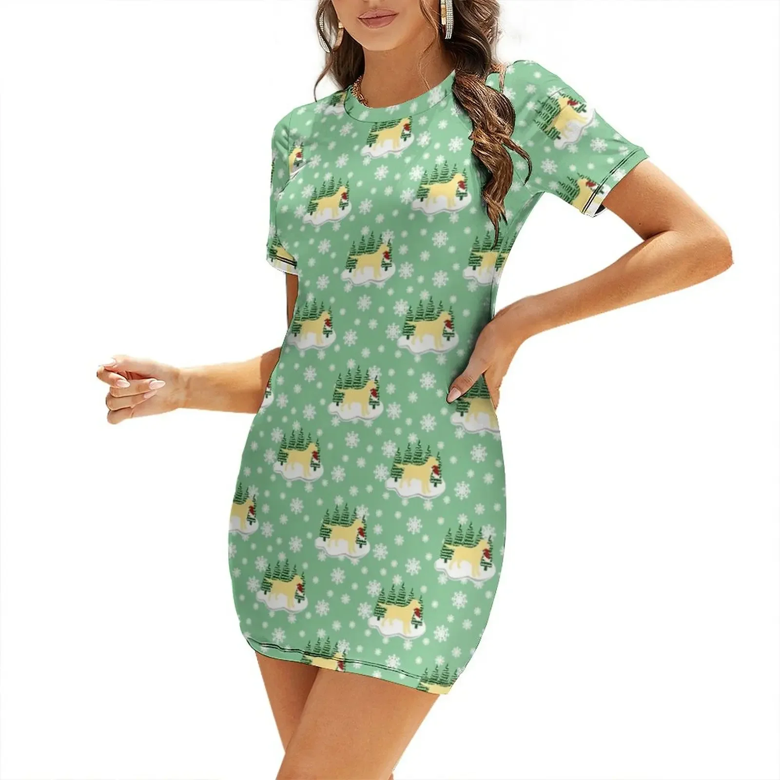 

Christmas Yellow Labrador Silhouette Santa Hat Short-Sleeved Dress wedding guest dress 2025 Dress