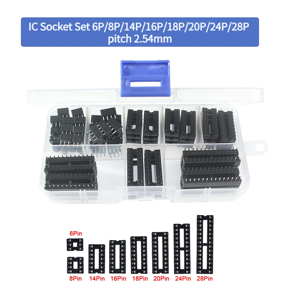 10-66pcs IC Socket Set 6P/8P/14P/16P/18P/20P/24P/28P pitch 2.54mm DIP IC sockets Adaptor Solder Connector sockets