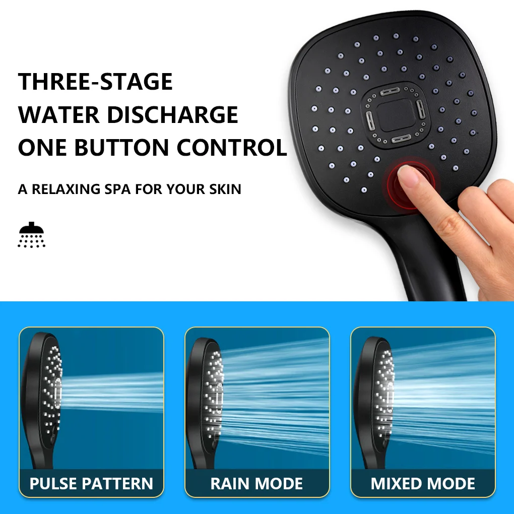 CANBOUN Shower Head Adjustable Bathroom 3 Modes High Pressure Rainfall Water-Saving Nozzle ABS Showerhead Black Bath Faucet