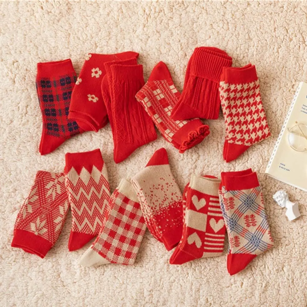 Cotton Socks New Year Women's Socks Thick Soft Middle Tube Socks Warm Comfortable Red Autumn Winter Red Socks Wedding