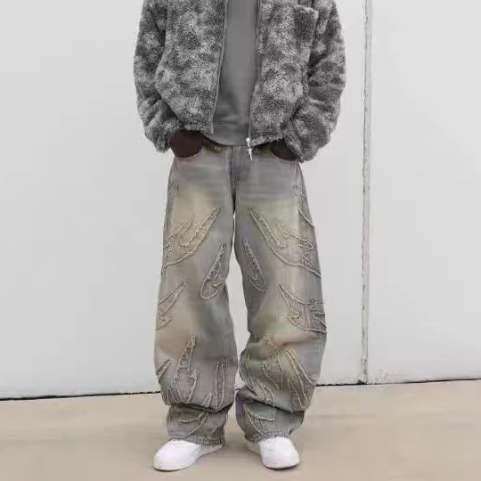 الرجال الدنيم السراويل الجينز تقسم بنطال ذو قصة أرجل واسعة طويلة جان المرقعة جيوب الشارع الشهير منتصف الخصر غسلها المتعثرة بانت خمر