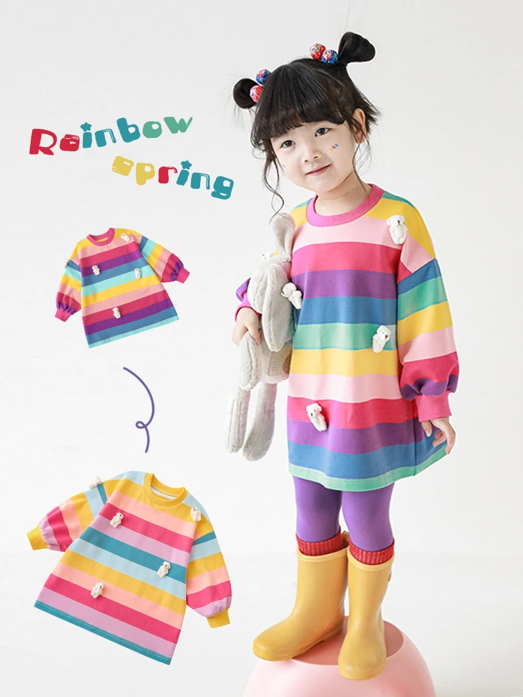 Girls' Mid Length Sweatshirt Cute Cartoon Rainbow Stripe Top Baby's Spring New Loose Pullover