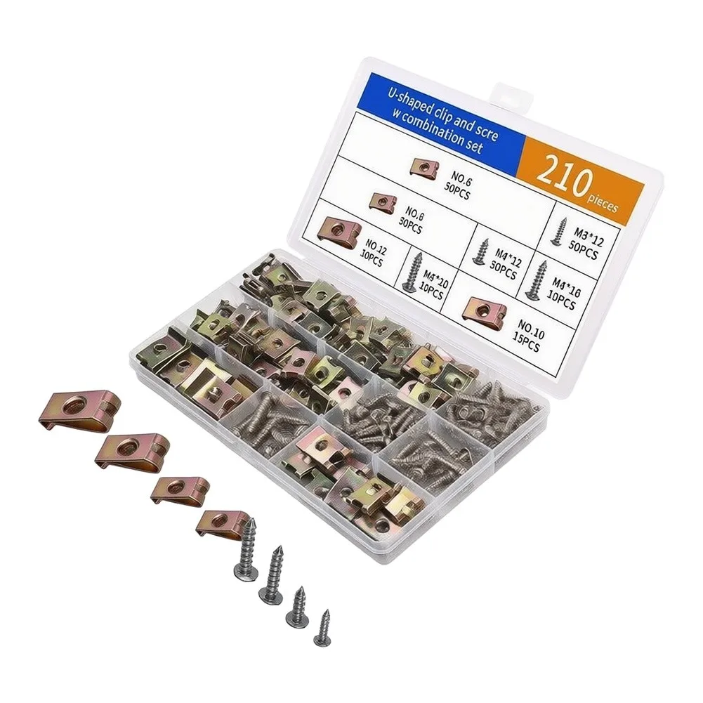 For Car U Clip and Screw Kit 210pcs Metal Zinc Plated Fasteners NO.6 NO.8 NO.10 M3x12mm for Dashboard Door Trim