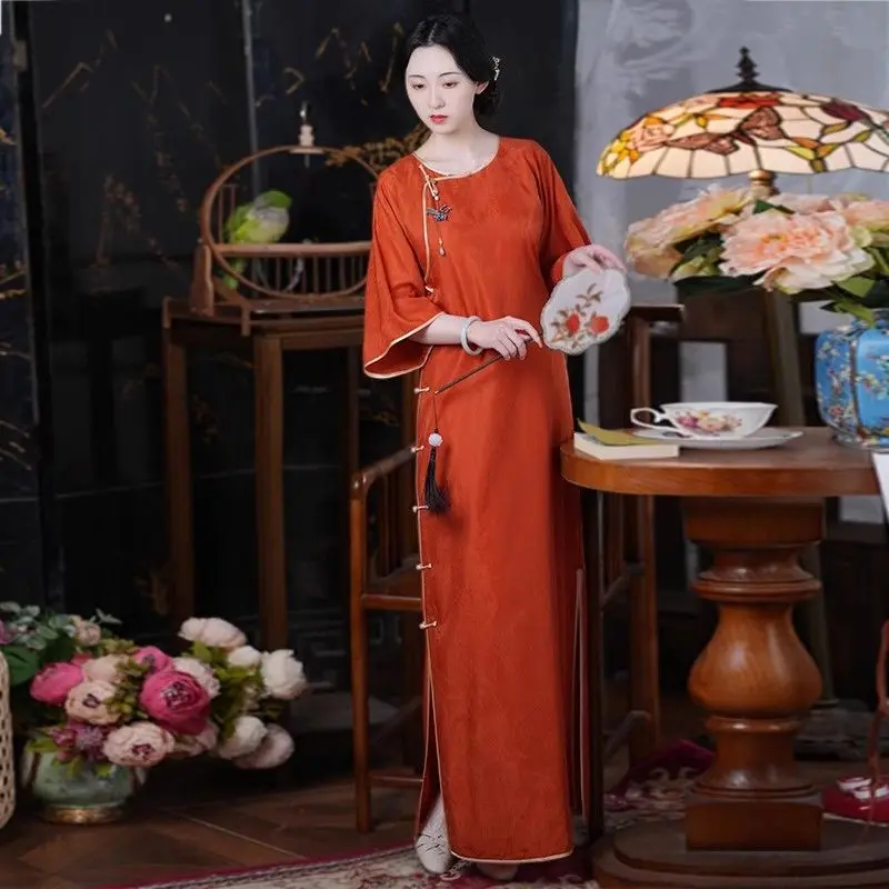 

Spring Summer New Vintage Round Neck Cheongsam Temperament Inverted Large Sleeve Loose Republic Of China Dress Vintage Qipao