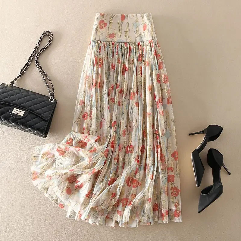 Floral mesh high waist half-body skirt 2023 spring and summer new women's design sense of fashion temperament loose pleated half