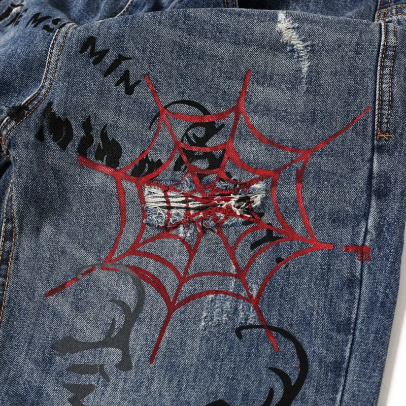 Street ripped jeans men's fashion hip-hop fashion printing Y2K washed-out vintage loose denim pants