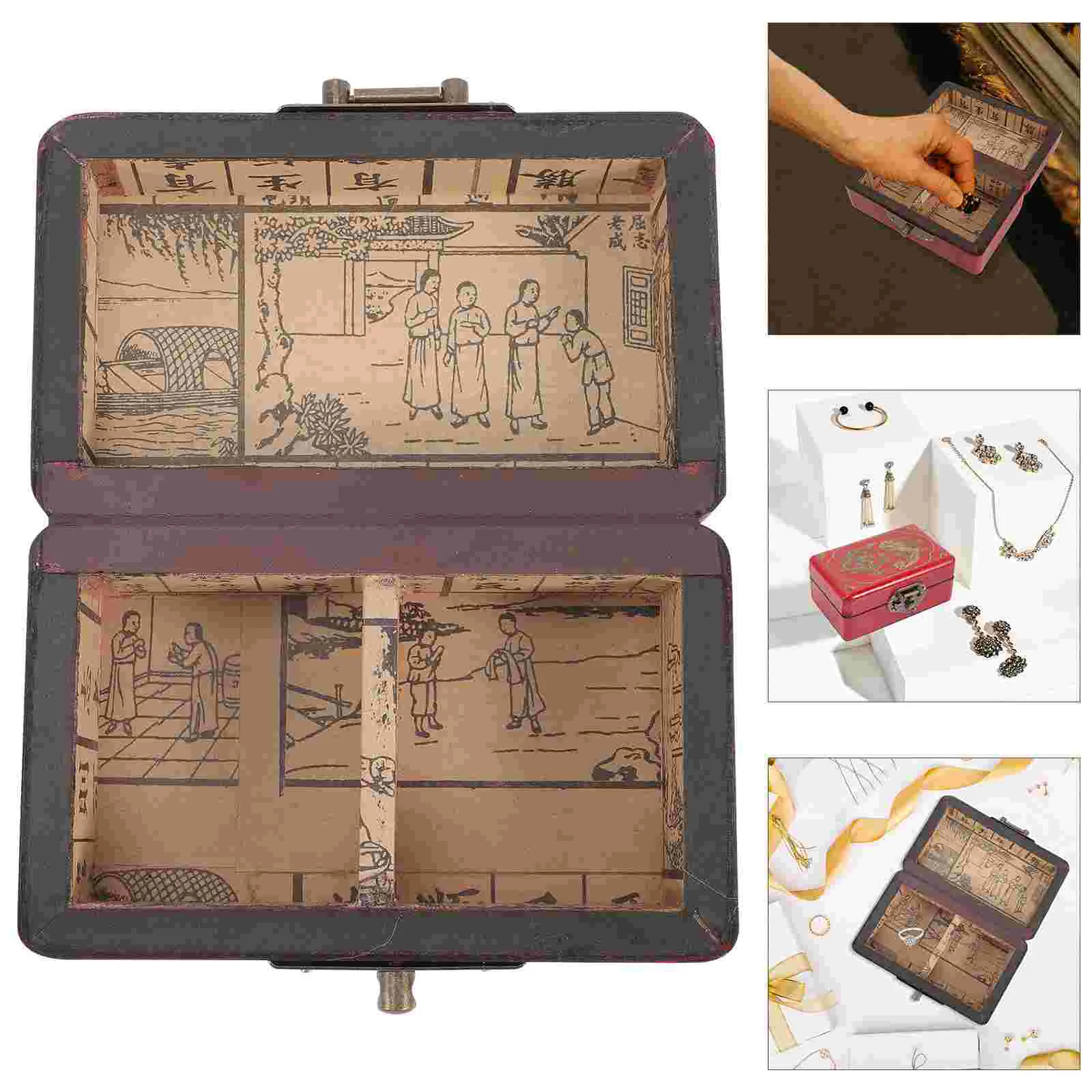 

Vintage Jewelry Box Organizer Necklace Storage Earring Holder with Lock Small Boxes Items Decor for Bedroom Wood Case
