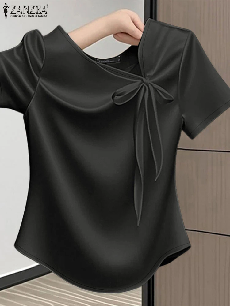 ZANZEA-Blusas de satén con escote asimétrico para Mujer, Blusas de manga corta con detalle de lazo elegante, Tops lisos para fiesta de verano 2025