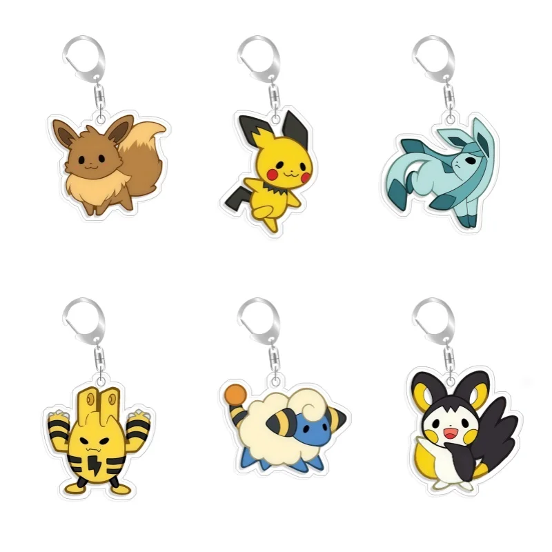 Llavero colgante de acrílico original hecho a mano de 5 cm con diseño de Pokémon (Elfo, Qikachu, Glaceon, Charjabug, Dedenne, Eevee) de dibujos animados y anime, lindo, ideal como regalo.