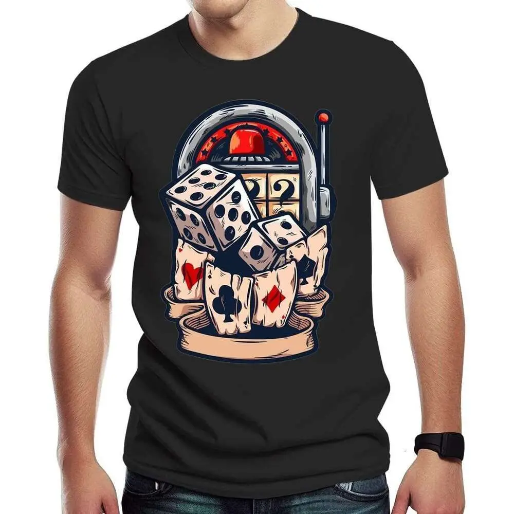 تي شيرت رجالي صيفي من القطن الخالص كاجوال فضفاض ومبتكر مطبوع عليه بوكر ونرد رياضي برقبة دائرية وأكمام قصيرة