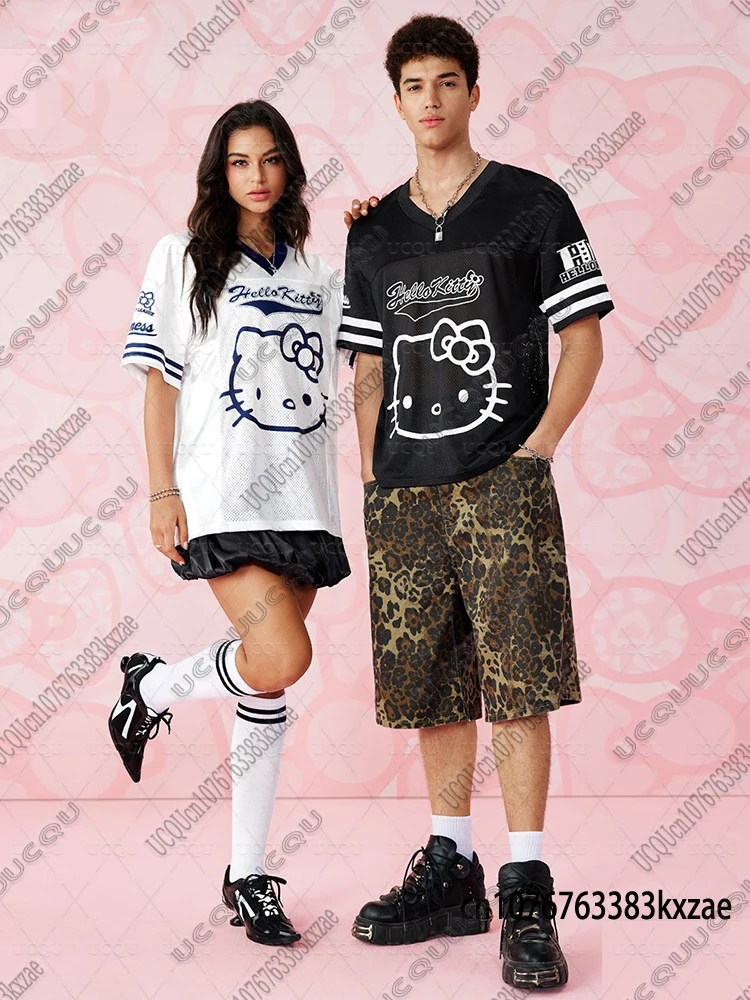 

Y2K Hello Kitty Cartoon Print Couple T-shirts For Women Men V-Neck Short Sleeve Mesh Sports Football Jersey Y2K Oversized Tops