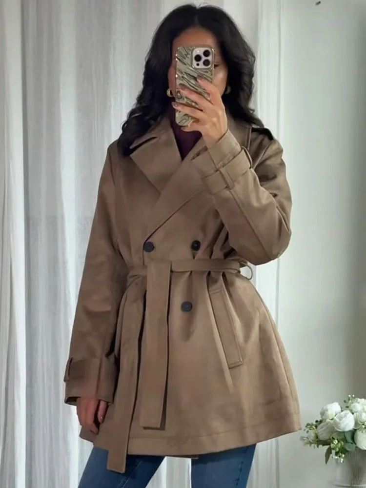 

HH Осеннее женское элегантное ветровка из искусственной кожи, уличное пальто, женское двубортное пальто с лацканами и карманами, украшение, повседневный дизайн