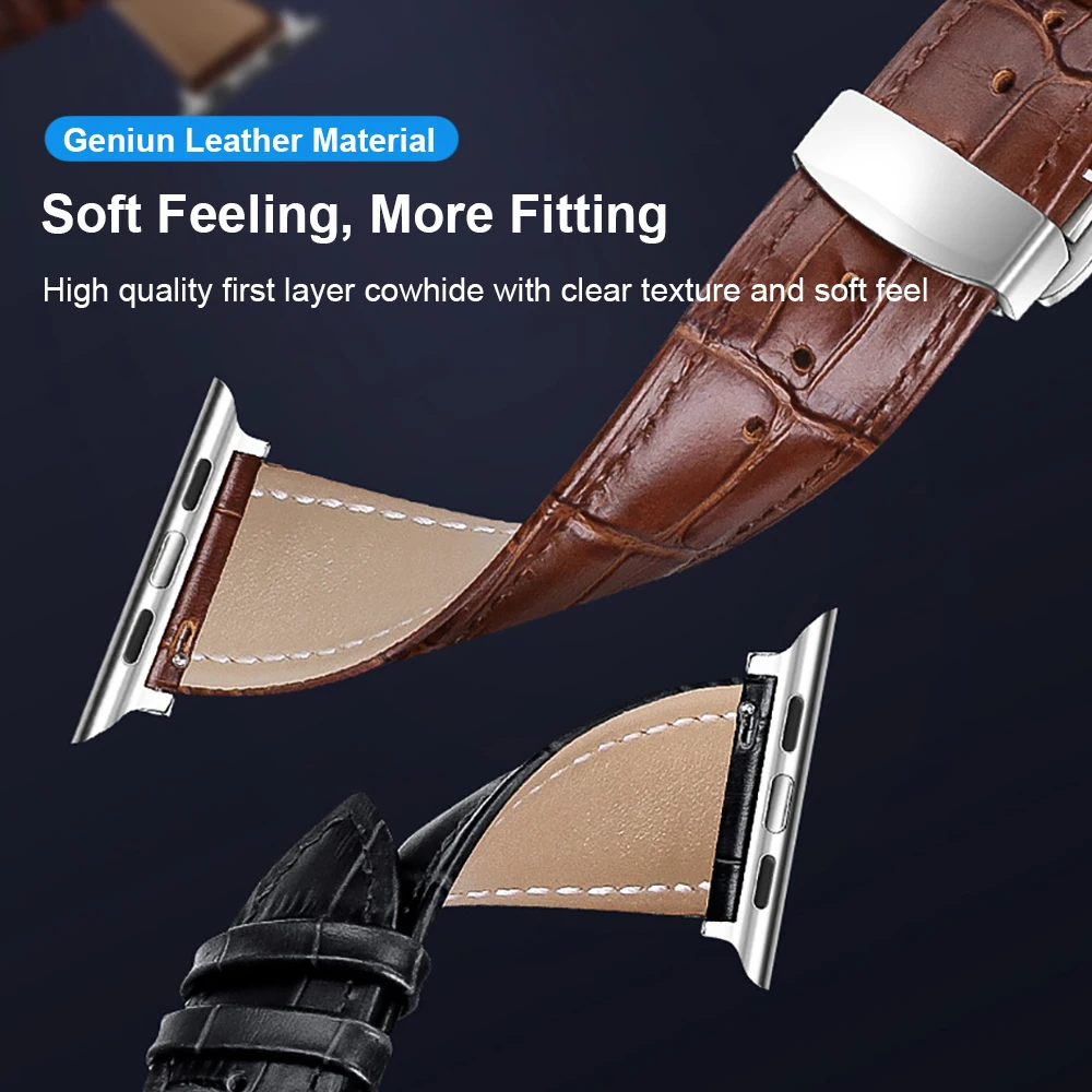 Butterfly Buckle Genuine Leather Strap For Apple Watch Band Ultra 8 7 6 SE 5 4 Watchband For iWatch 49mm 45mm 41mm 44mm 38 40mm