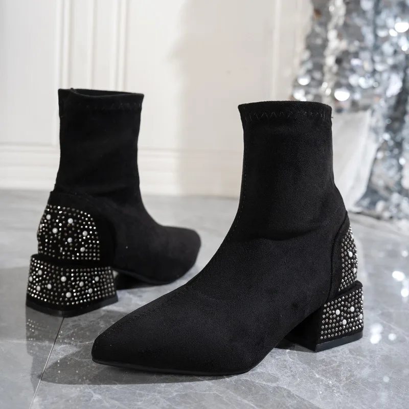 

Fashionable and Versatile Square Toe Skinny Boots 2025 Autumn and Winter New Pearl Block Heel Suede Single Boots Women's Booties