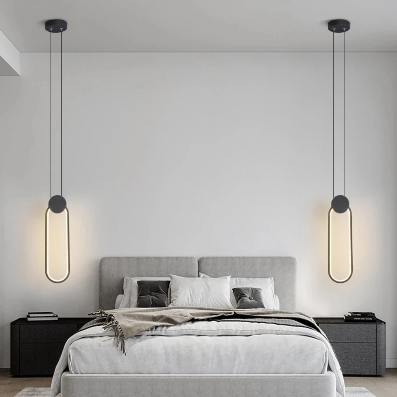 Nordic Minimalist White Black Square Round Pendant Lamp with Long Wire Dimmable LED High Ceiling Hanging Light for Bedside Decor