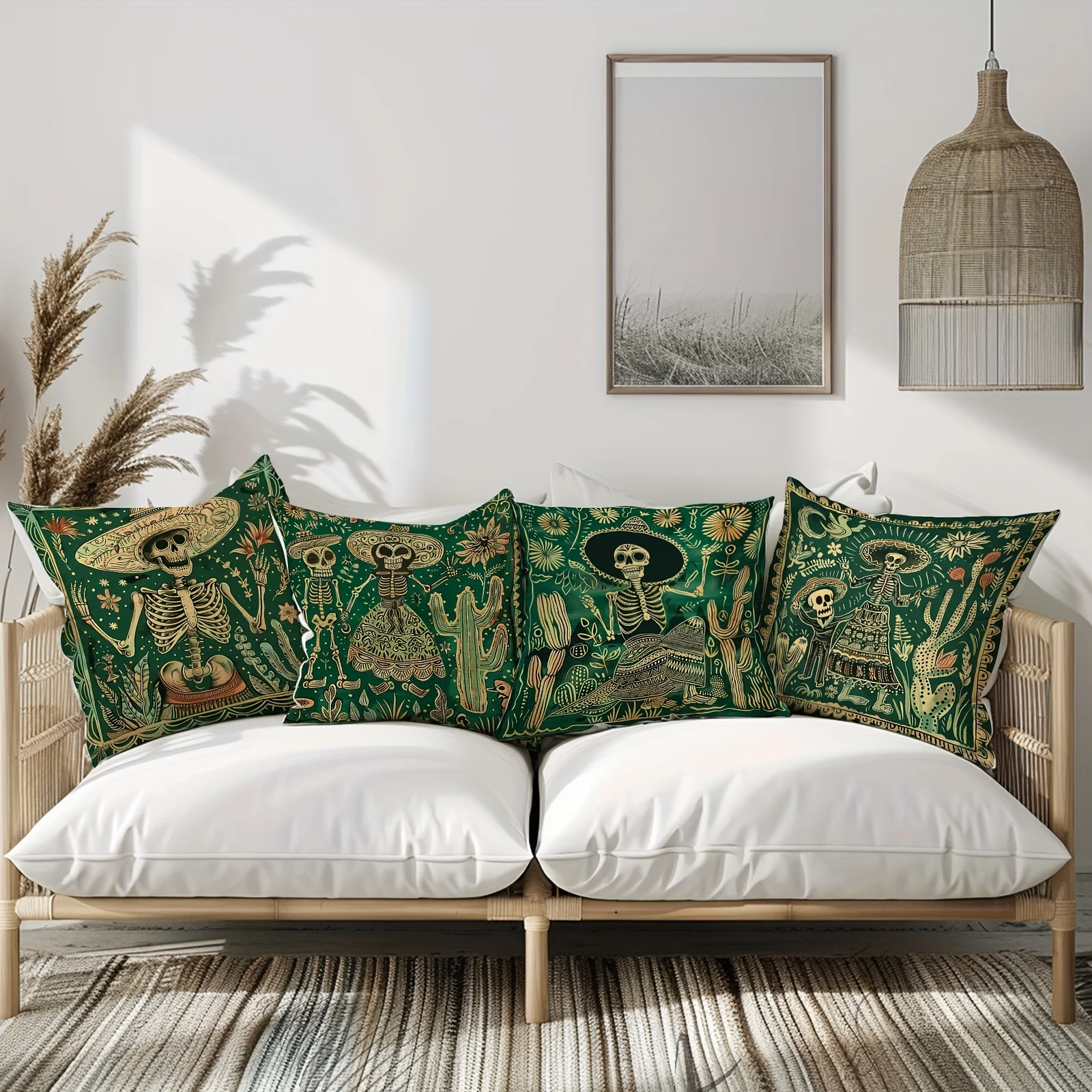 4pcs Mexican Day of the Dead style, skull cactus print, sofa bedroom car decoration cushion cover (excluding core)