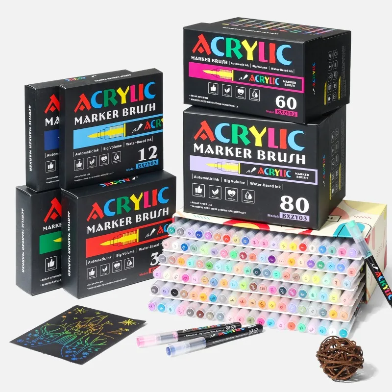 12-60 Colors Direct Liquid Soft Brush Tips Art Acrylic Markers For Painting Drawing Glass, Wood, Paper, DIY Back To School