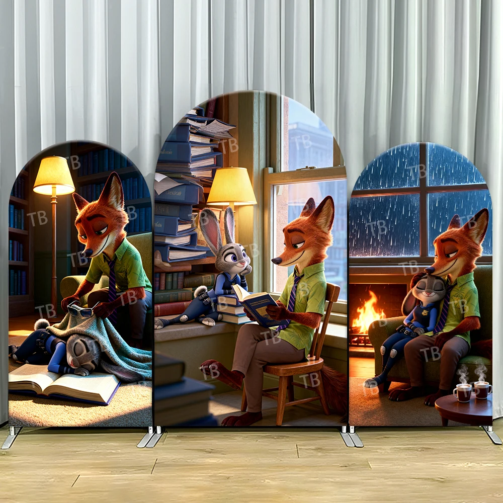 

Zootopia Judy Nick Cozy Arch Backdrop Cover Reading Scene For Kids Birthday Party Warm Cartoon Theme Photo Booth Decor Prop