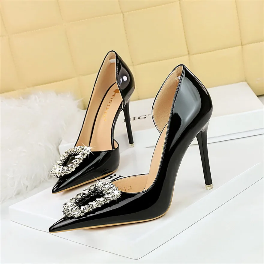 BIGTREE Fashion Crystal Hollow Wedding Shoes Autumn Women Pointy Toe Patent Leather High Heels Red Black Ladies Party Pumps 2024