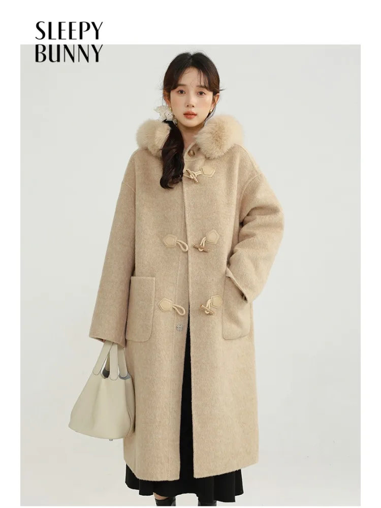 

Vintage Warm Hooded Woolen Duffle Coat Women Loose Casual Winter Double-Faced Overcoat with Toggle Buttons for Winter Outfit