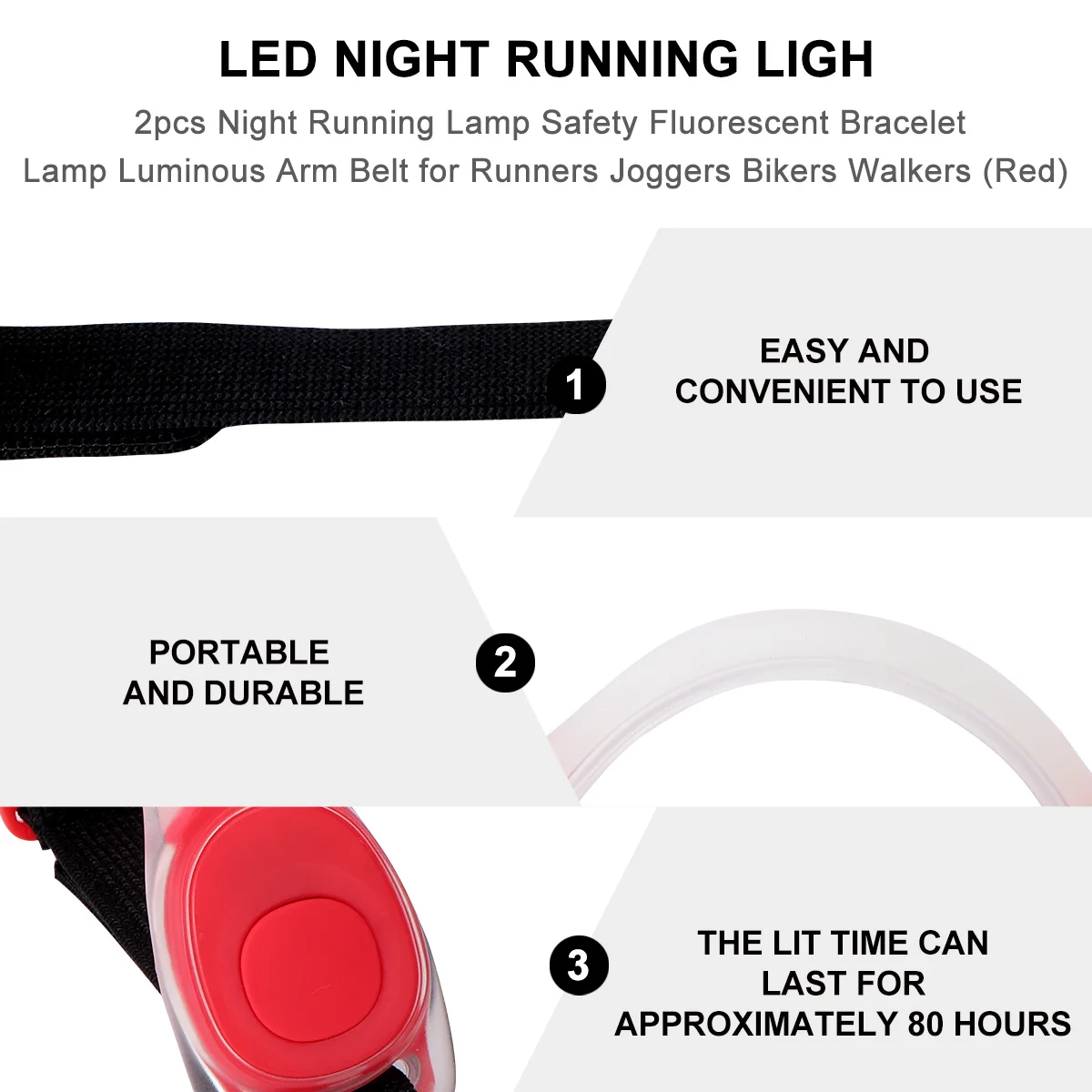 

2pcs Led Red Night Running Lamp Durable Safety Light For Joggers Cyclists Outdoor Sports Gear 80H Camping Hiking