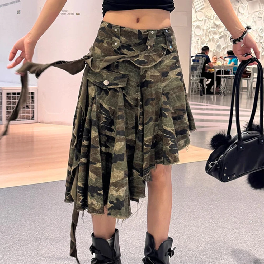 

design sense ins trendy cool tooling camouflage denim skirt women's summer new versatile a word medium and long skirt