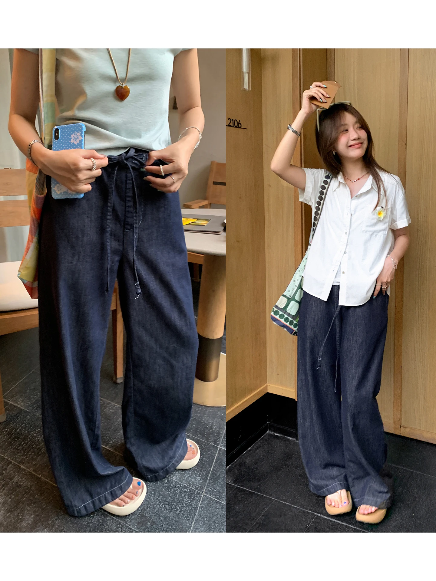 

Sisilyo Lazy Feel High Waist Elastic Waistband Women's Jeans Thin Wide Leg Cotton Casual Straight Leg Summer Jeans