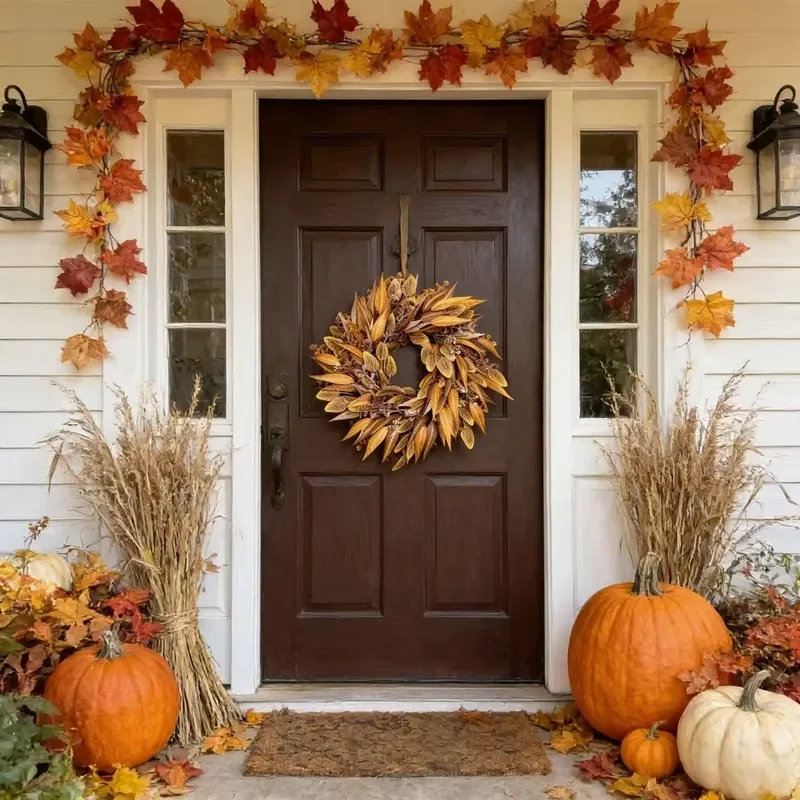 Autumn Simulation Wreath for Front Door Decoration American Style Fall Atmosphere Home