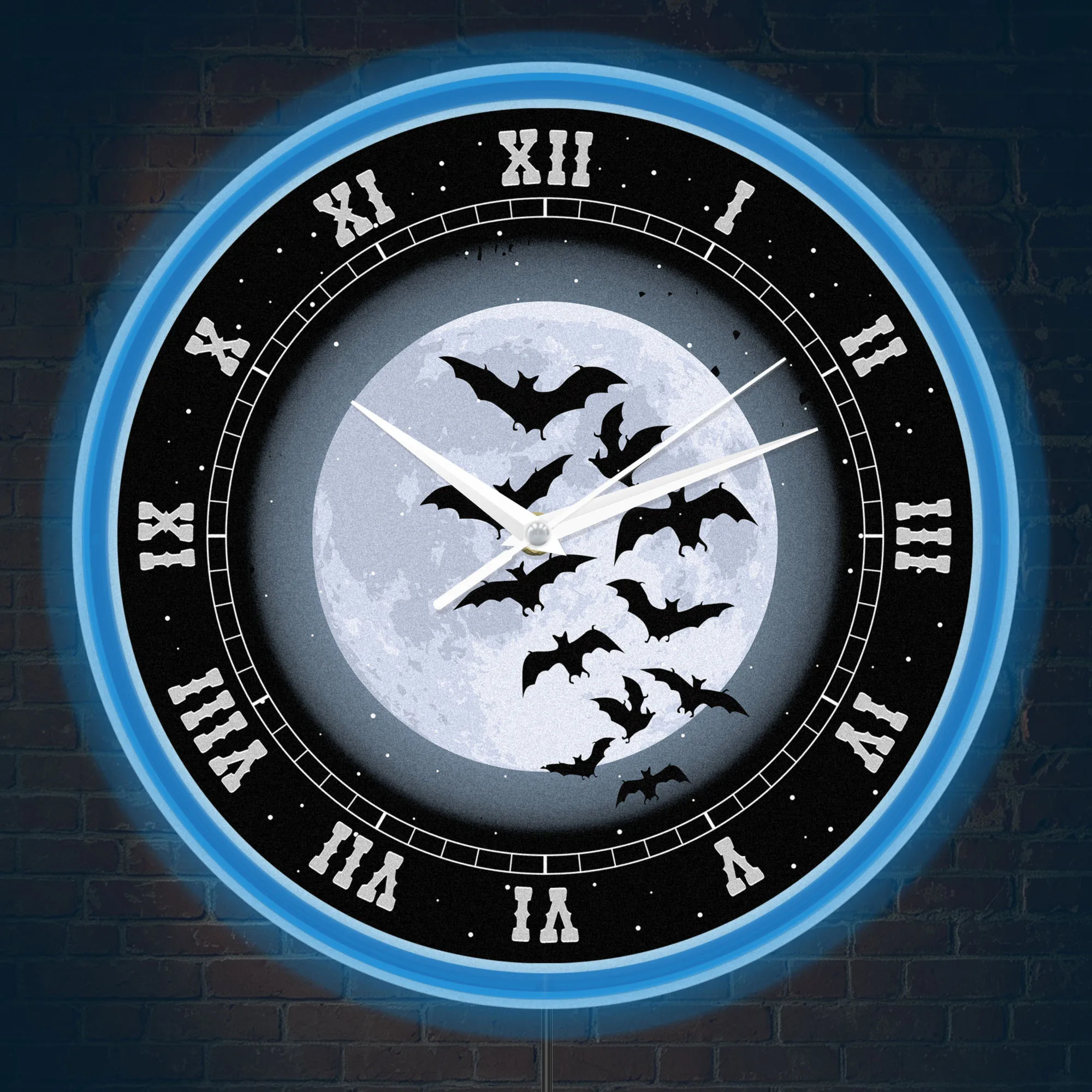 Halloween Flying Bats Silhouette LED Neon Wall Clock Gothic Home Decor Full Moon Night Sky Illuminated Wall Clock Glow in Dark