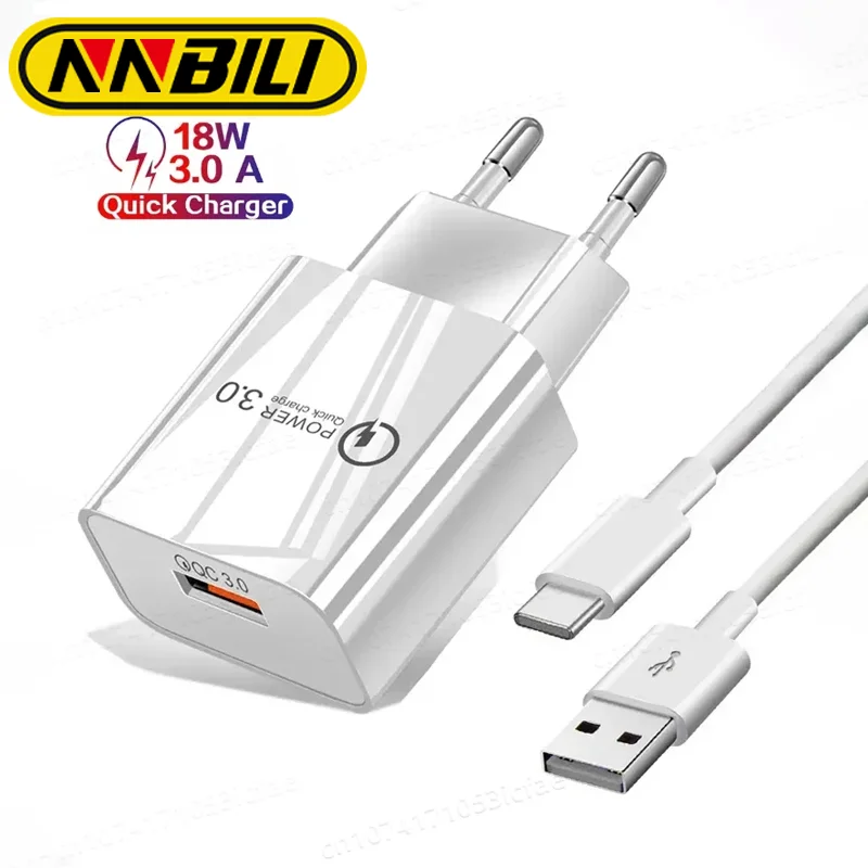 NNBILI 18W Fast Charging USB Charger For Samsung Galaxy S23 S22 Ultra A53 A70 A51 Note 20 10 Plus USB C USB-C Fast Charger Cable