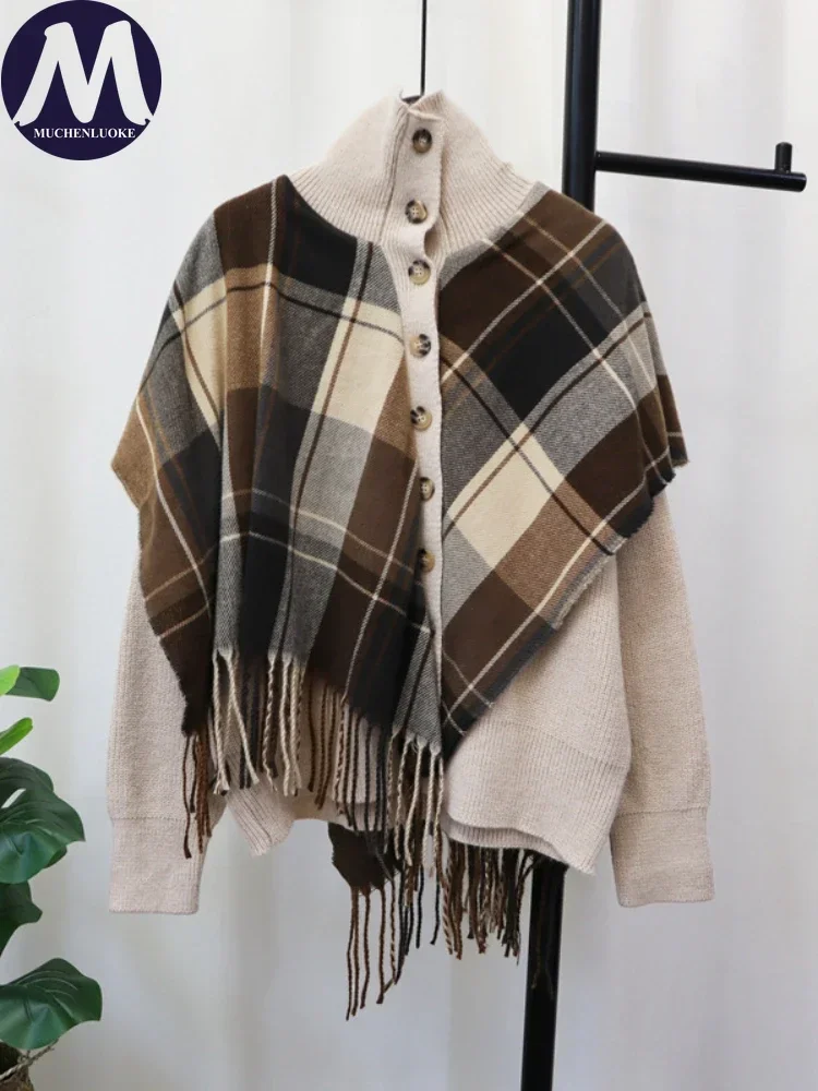 Cardigan for Women Autumn Winter New Korean Fashion Plaid Shawl Fake Two-piece Knitted Cardigan Casual Loose Street Trendy Coats