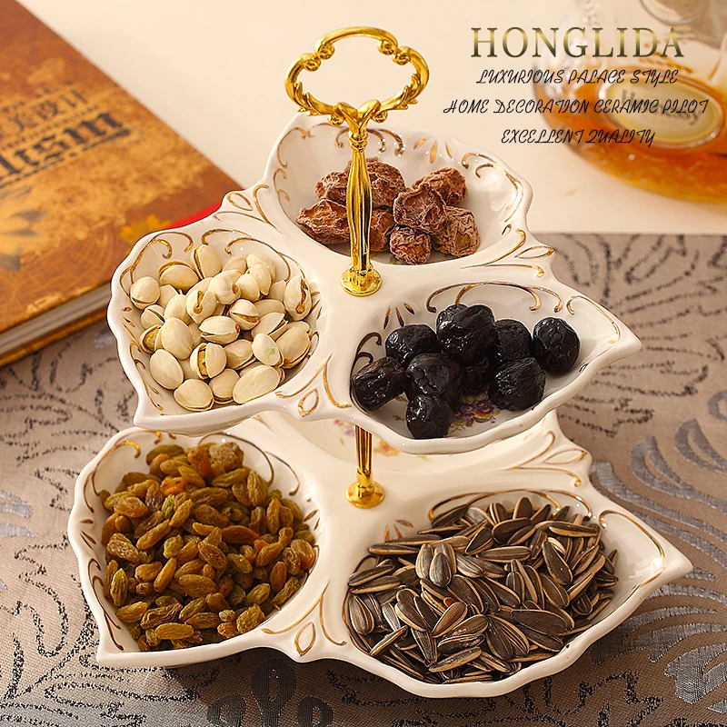 Double Deck Fruit Plate Modern Creative Living Room European Dim Sum Plate Multi-Layer Dried Fruit Tray Snack Plate Candy Plate