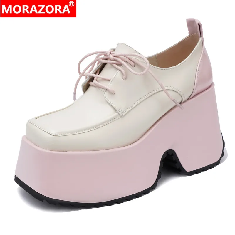 

MORAZORA New Patent Genuine Leather Pumps Women Shoes Lace Up Thick Bottom Platform Shoes Spring Autumn Ladies Shoes Pink Black