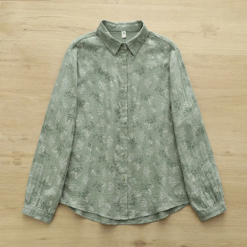 جديد 2025 قميص خريفي بأكمام طويلة من غزل القطن ، بلوزة فضفاضة متعددة الاستخدامات للنساء بياقة مقلوبة مطبوعة ، بلوزة موري جيرل ريترو متعددة الاستخدامات T59257CC