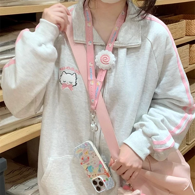 Harajuku Cute Cat Embroidery Hoodie Gray Sports Preppy Students Cartoon Zip Up Sweatshirt Coats Loose Autumn Winter Casual Loose