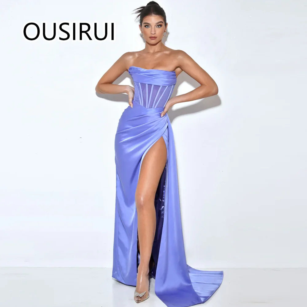 Strapless Satin Pleated Simple Evening Party Dress Sexy Sheath Side High Split Backless Celebrity Gown with Trian Customed