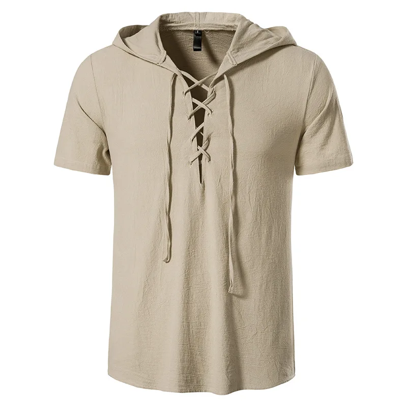 Summer-New-Men's-Cotton-Linen-Hooded-Short-Sleeve-Shirt-Summer-Casual-Beach-Vacation-Solid-Color-Loose-Tops